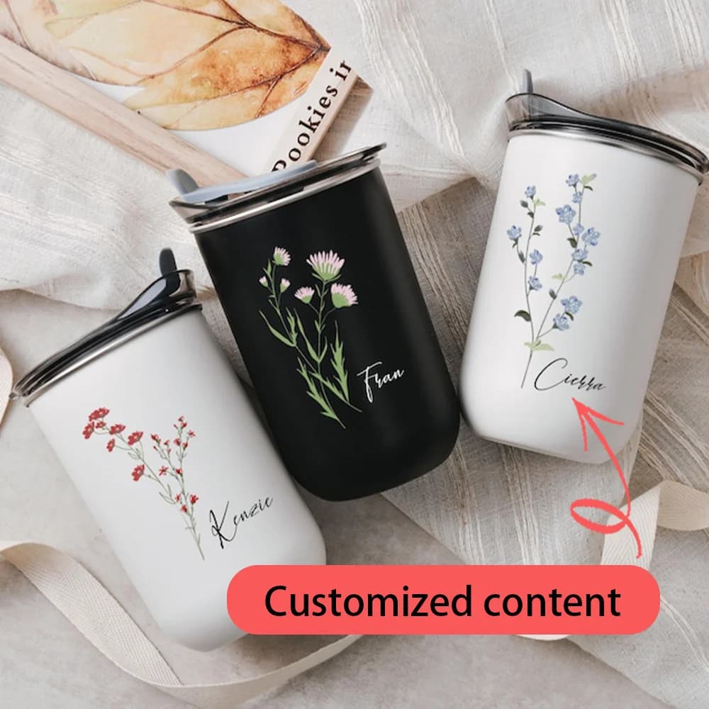 Custom Name Red Wildflower Stainless Steel Cup, Personalized Floral Print Travel Mug With Lid Customized Name Gift for Women.