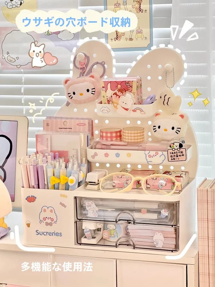 Organizer da Scrivania con Fori, Portaoggetti per Cosmetici, Portapenne Carino, Organizzatore per Scrivania Studenti, in Plastica con Ripiano Regolabile
