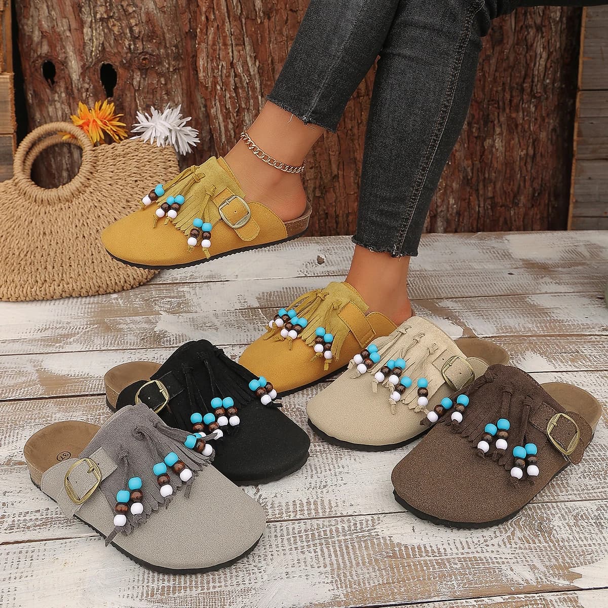 Mule Shoes Spring and Autumn Retro Fringed Beads New Baotou Shoes Flat One Pedal Casual Versatile Soft Comfortable Shoes Women