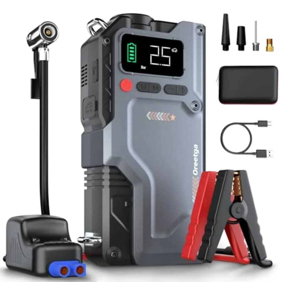 Caricabatterie Portatile 12V per Auto con Avviatore d'Emergenza e Compressore d'Aria 150PSI per Veicoli a Benzina/Diesel 16L, Cavi di Avviamento Intelligenti con Display LCD