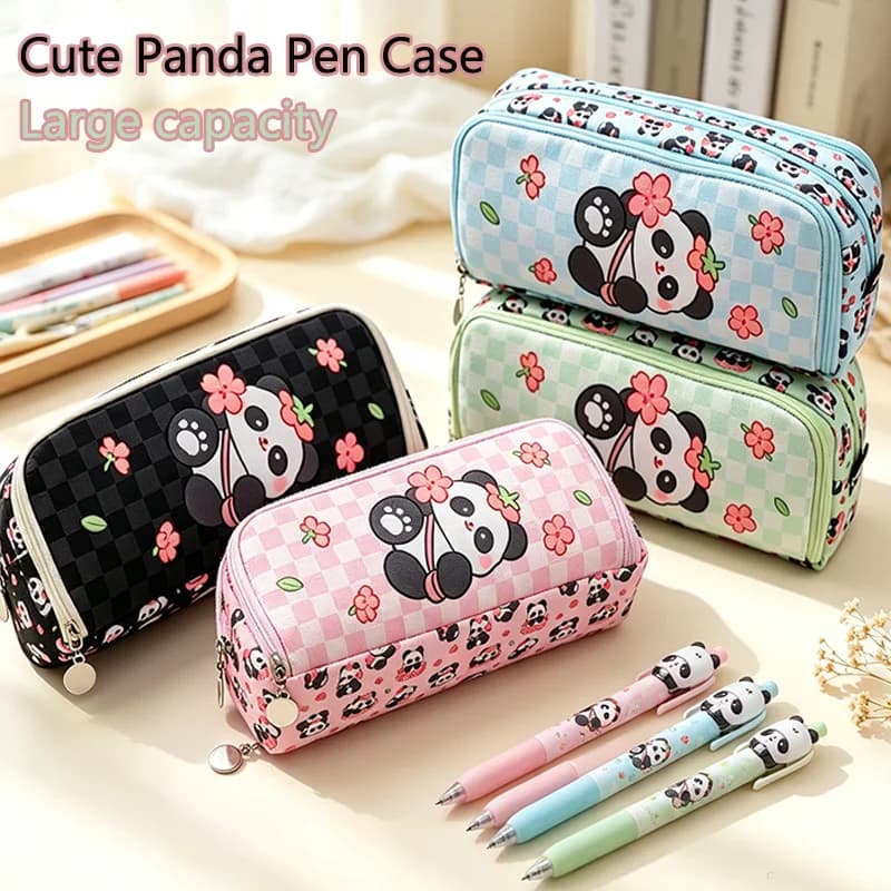Kawaii Panda Flower Print Pencil Bag Checkered Pattern Large Capacity Stationery Organizer Double Zipper Pen Case School Supplie