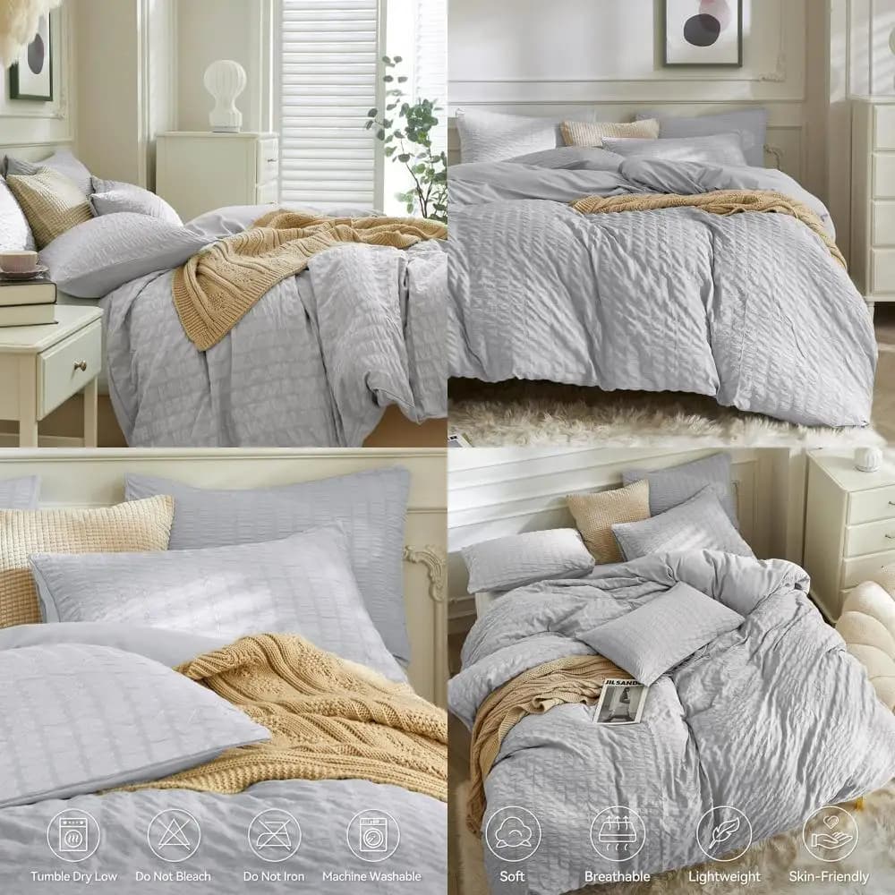 Set Copripiumino King Size in Microfibra Grigio Chiaro Lavato, 3 Pezzi, Traspirante, con Cerniera e Lacci per Tutte le Stagioni