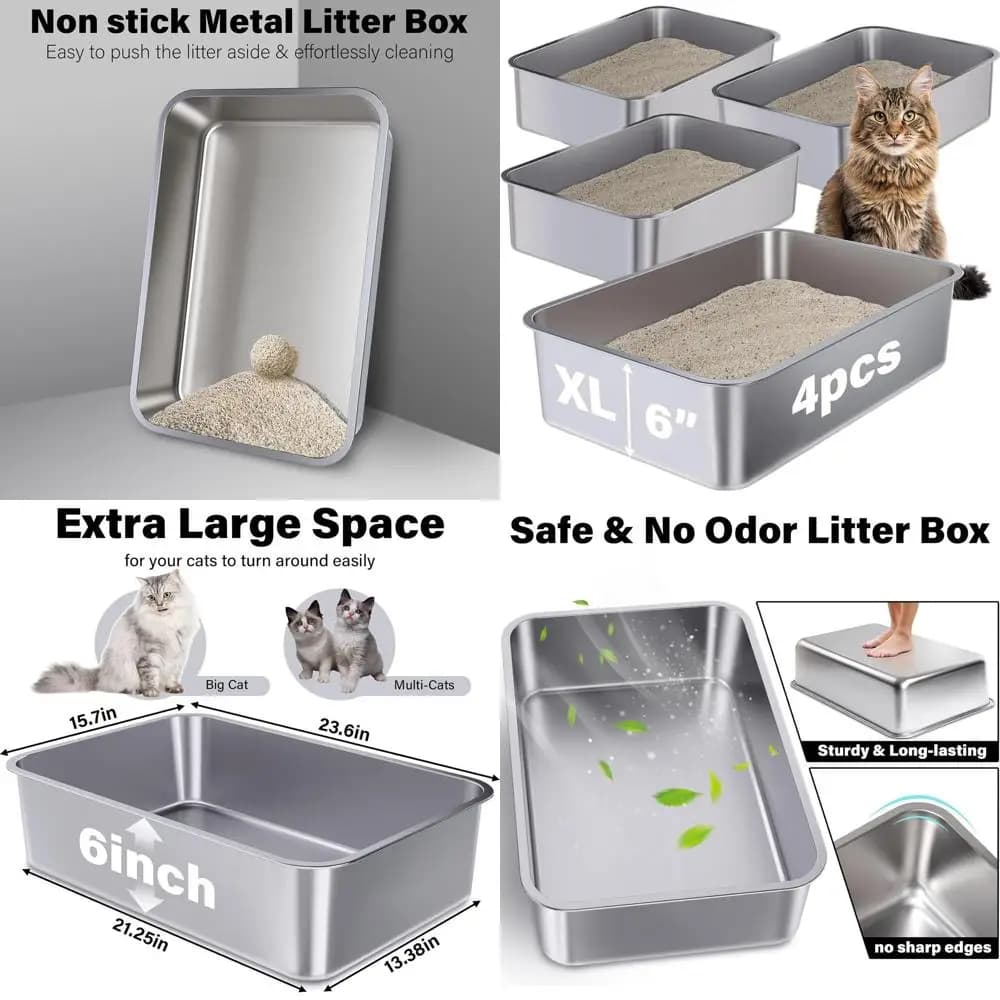 Set di 4 Lettiere per Gatti in Metallo Extra Large, 23.6x15.7x6, Facili da Pulire, Inodore, Design Antiaderente