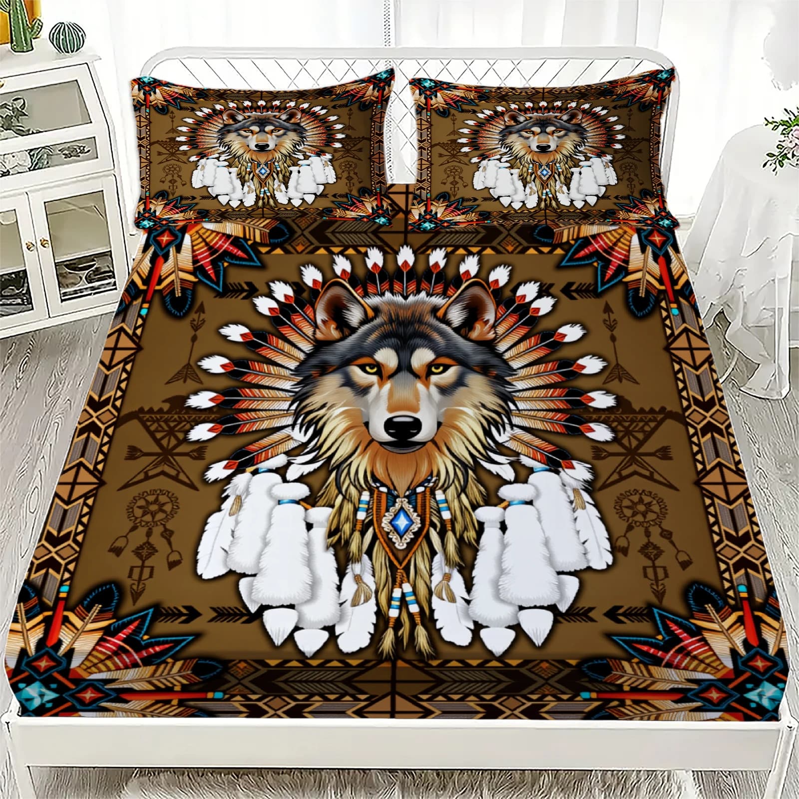 3pcs Brown Wolf Fitted Sheet Sets 3D Printed Dream Catcher Home Decoration Gifts For Teen Boys Bedroom Soft Flat Sheet