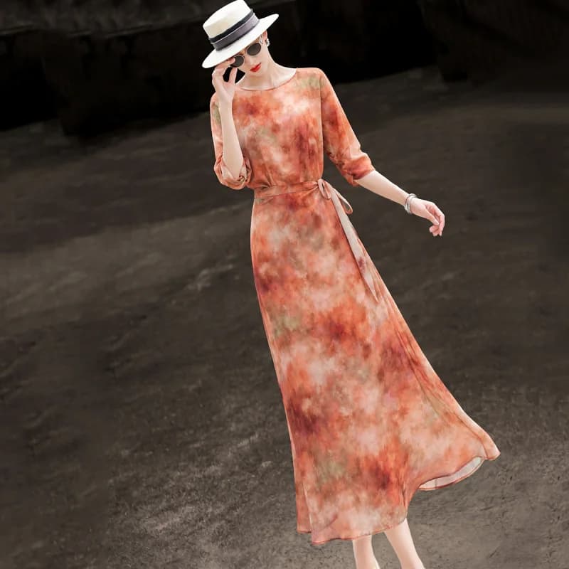 MEXCOCO Blur Print Chiffon Maxi Dress 3/4 Sleeve Tie Waist Slim Elegant Long Dress Summer Vacation Office Ladies Dress