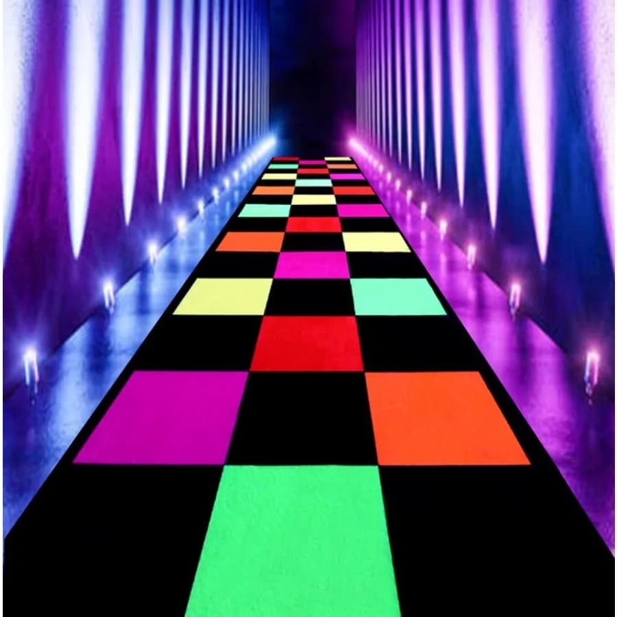Tappeto Neon Runner per feste, tappetino da ballo luminoso a griglia colorata, tappeto antiscivolo che si illumina al buio, reattivo ai raggi UV e alla luce nera
