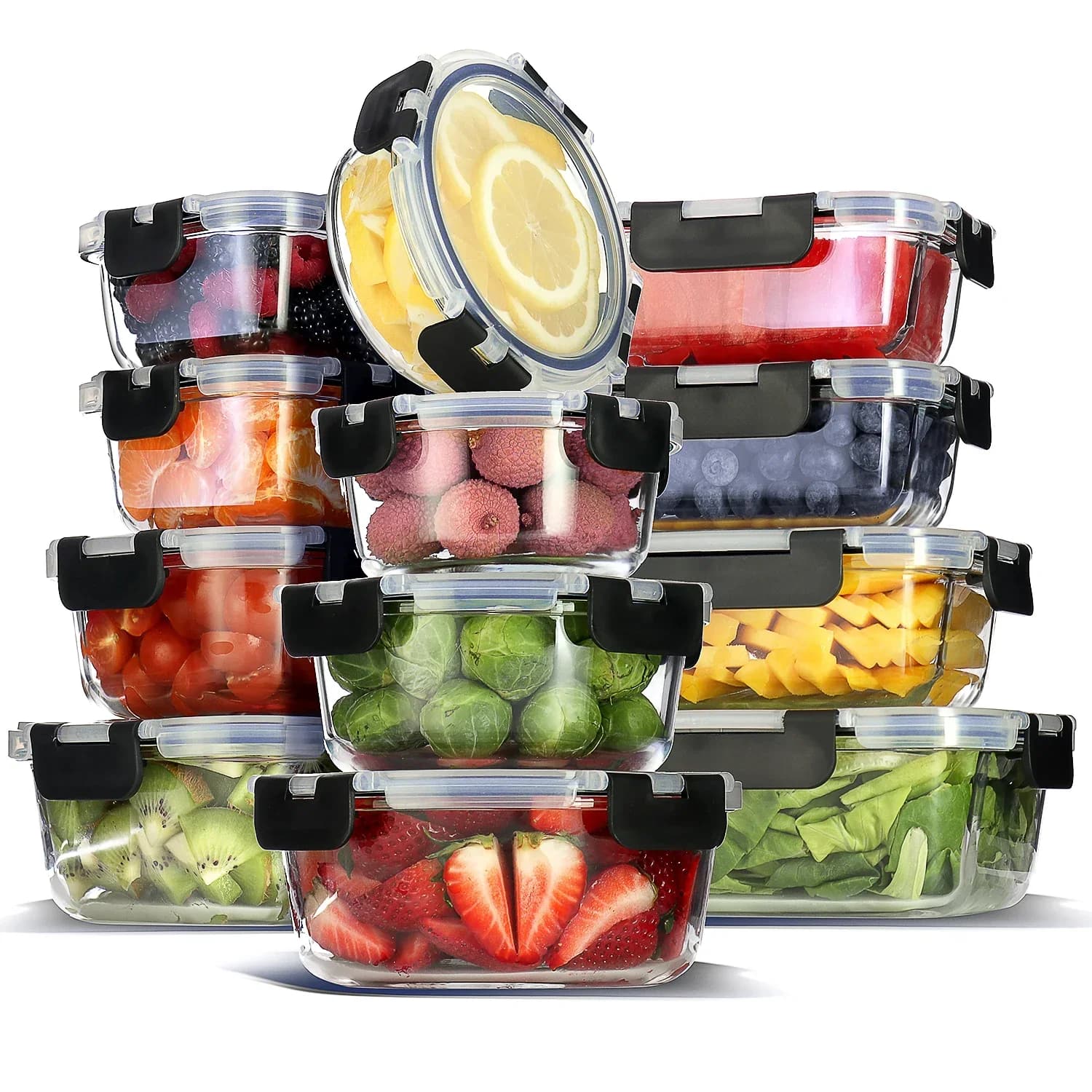 Glass Food Storage Containers with Lids, 24 Piece Airtight Glass Meal Prep Containers, Oven, Microwave & Freezer Safe Glass Stor