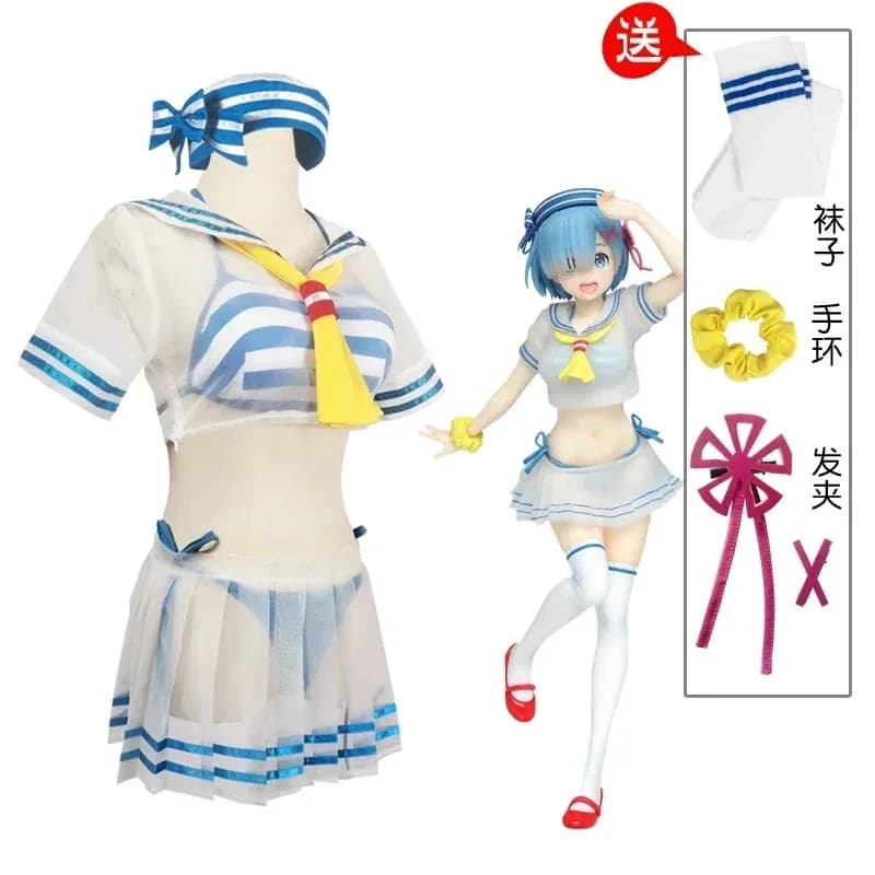 Illustrazione Re: Vita in un mondo diverso da Zero Rem Costume cosplay Parrucca da ragazza Vestito da marinaio Costume da bagno carino Gonna superiore Costumesa;3