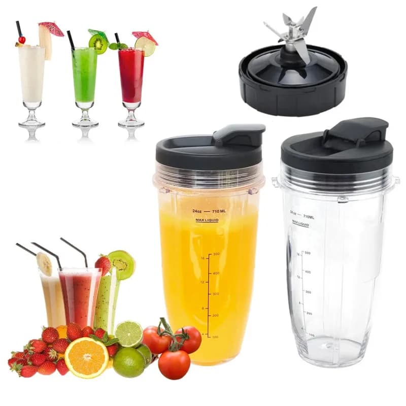 Parti di ricambio per frullatore adatte per Ninja, tazza da 24 once con 7 lame per alette e coperchio sigillante adatti per Nutri Ninja (2 tazze, 2 coperchi, 1 base)