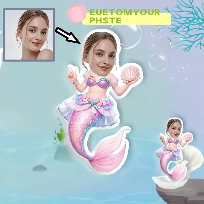 Cuscino in peluche a sirena personalizzabile: foto e testo personalizzati, design a sirena morbida blu e rosa con conchiglie, regalo perfetto per