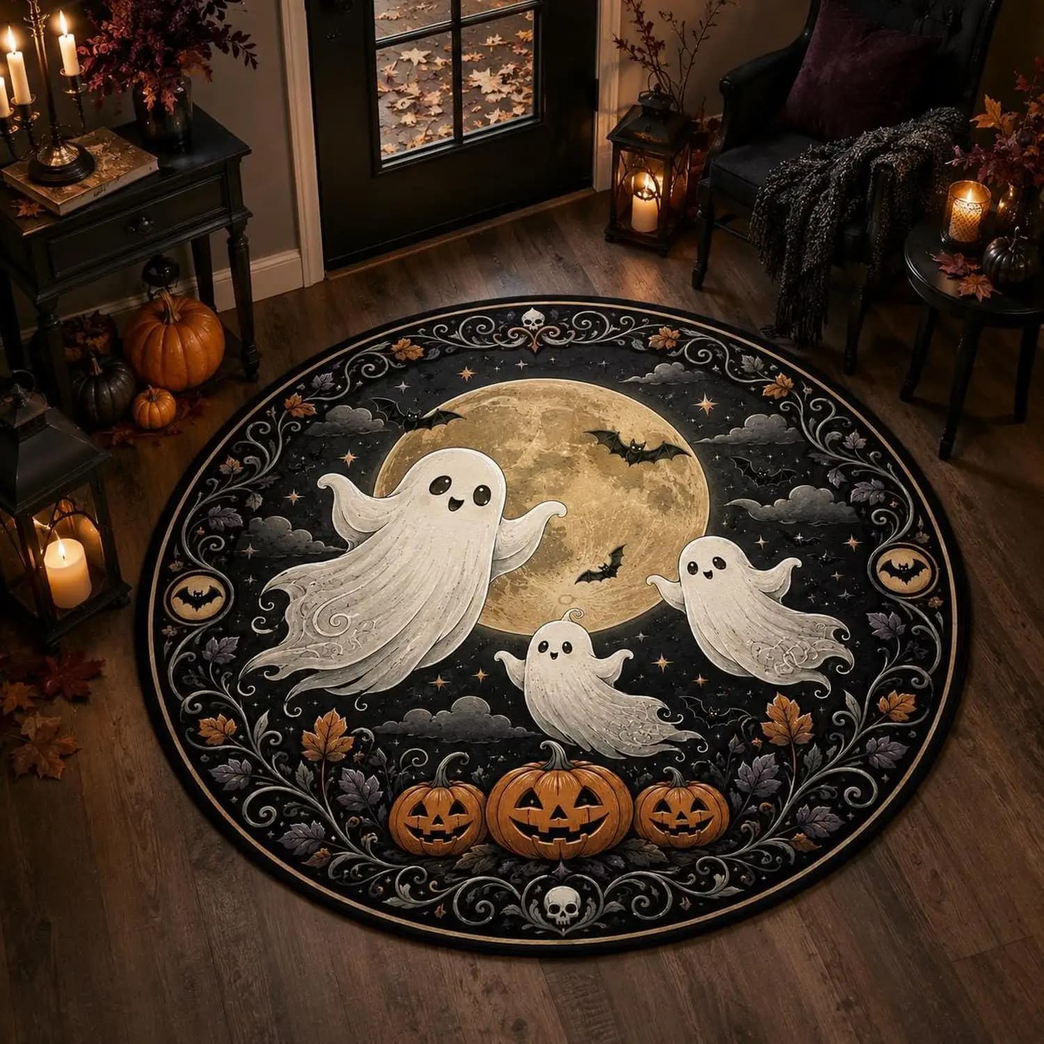 【Room Decoration Carpet】Cute Halloween Ghost Carpet, Round Horror Area Rug, Full Moon Pumpkin Decor, Gothic Carpet, Autumn Home Decoration Carpet