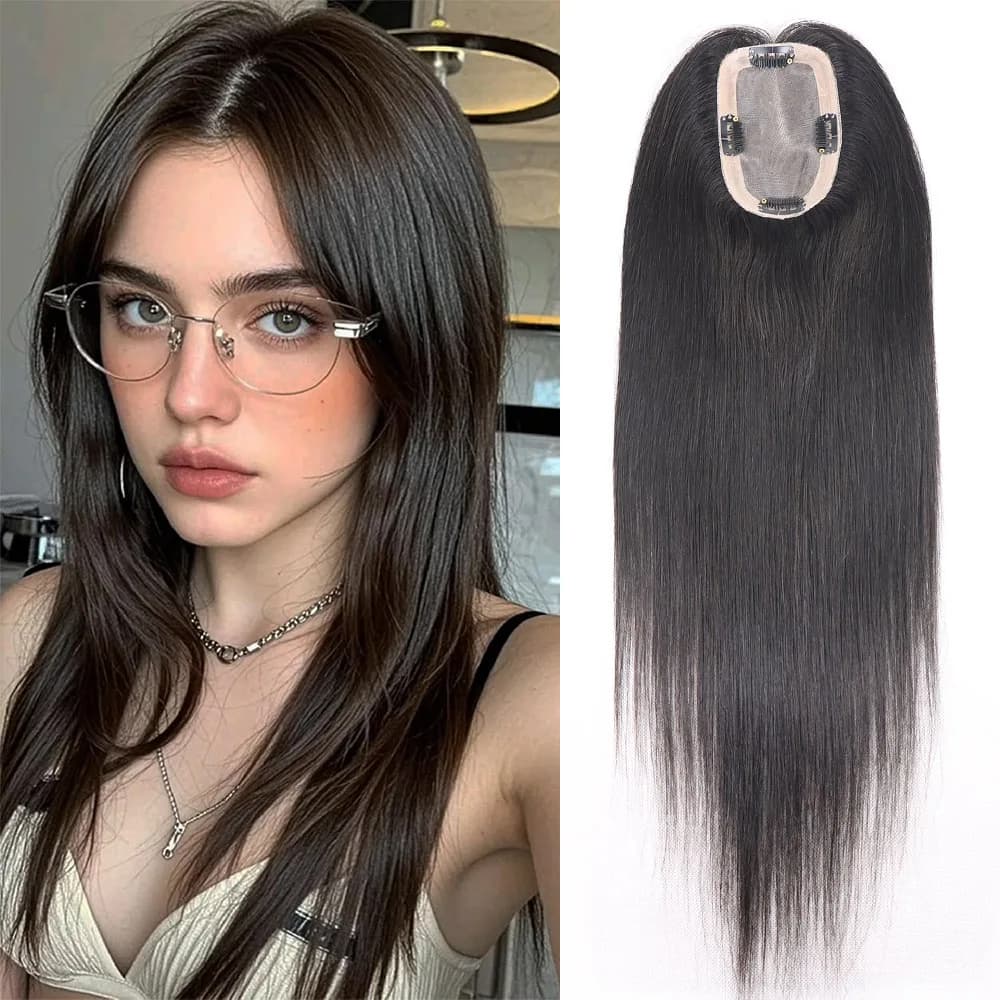 Topper per capelli umani neri naturali da donna, 16 pollici, lisci, con clip, base mono, per capelli sottili, in capelli Remy, per tutta la testa
