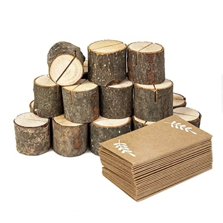 20Pcs Wood Place Card Holders and 24Pcs Kraft Table Place Cards, Rustic Table Number Holders, Food Labels, Name Card Photo Pict