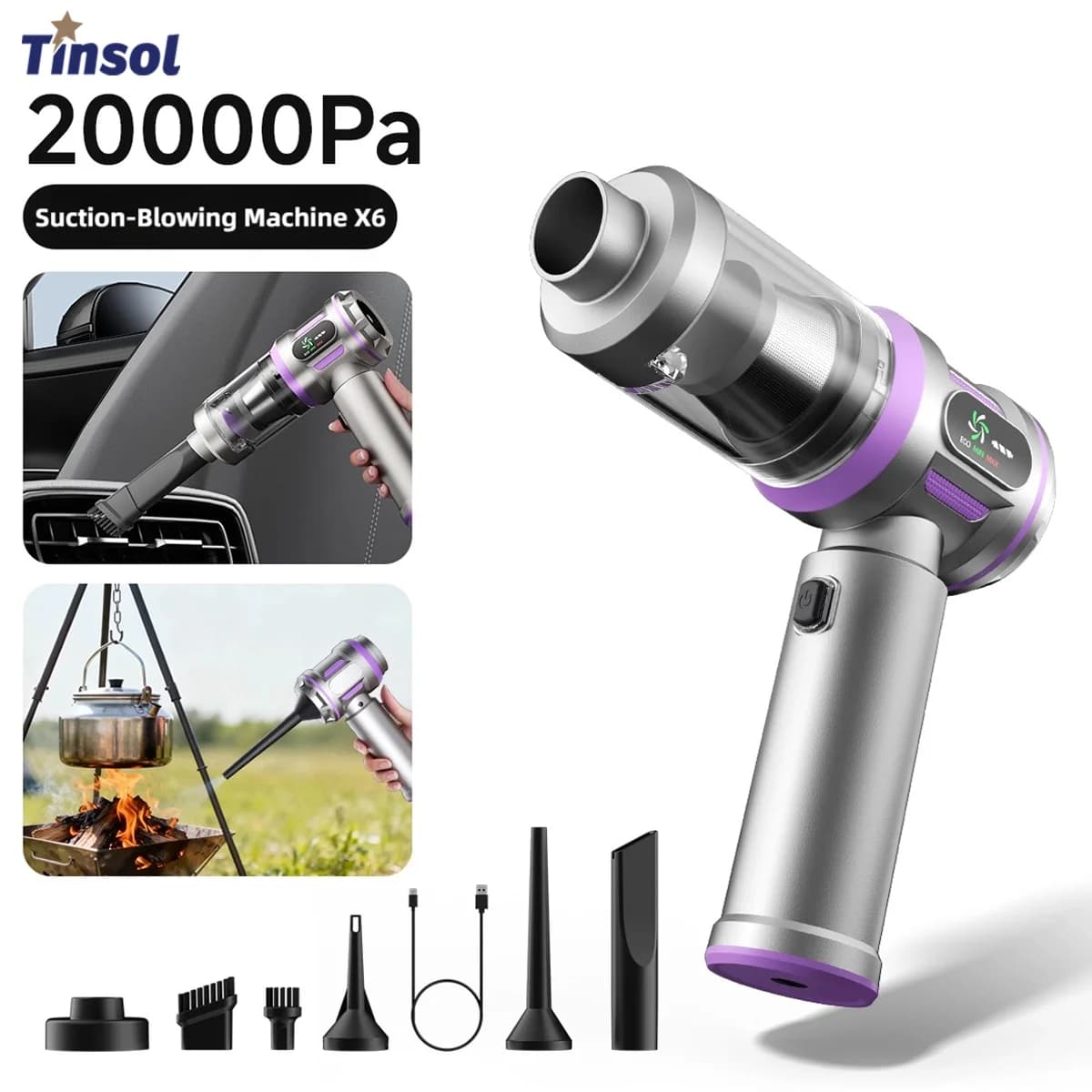 TINSOL 20000Pa Aspirapolvere per auto Pulitore per motore brushless portatile senza fili portatile ad alta potenza Potente ventilatore d'aria