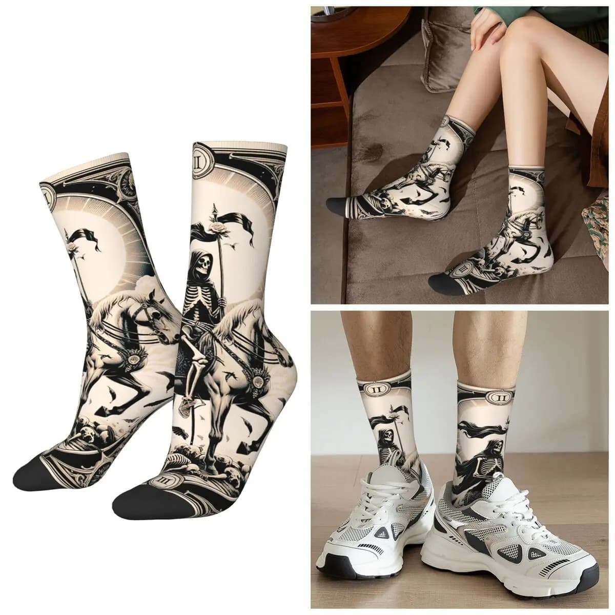 Calzini con Stampa Tarocchi della Morte e Teschio di Halloween per Tutte le Stagioni, Calze Harajuku Hip Hop Unisex, Regali di San Valentino