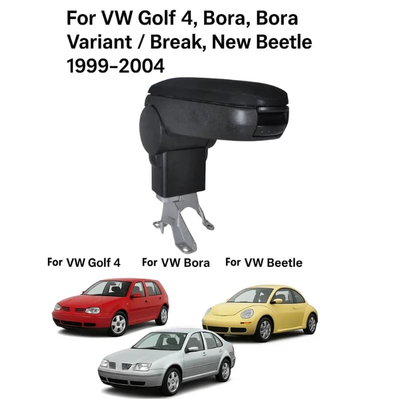 Per VW Golf 4 Bora Bora Variant New Beetle 1999-2004 Bracciolo con Vano Portaoggetti Centrale in Similpelle Nera / Tessuto