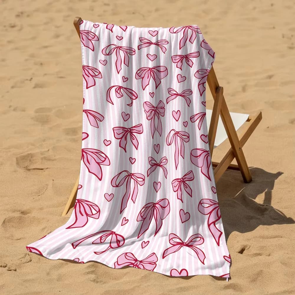 Cartoon Anime Pink Stripe Heart Bow Beach Towel Microfiber Quick Dry Super Absorbent Soft Bath Towel for Kids Adults Travel
