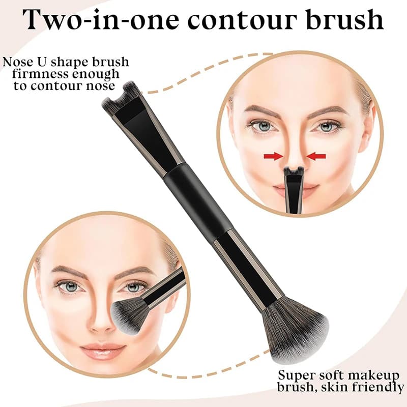 Pennello per il trucco a forma di U per modellare e definire il contorno del naso, pennello a doppia testa per fondotinta e illuminante, pennello per ombreggiatura del naso