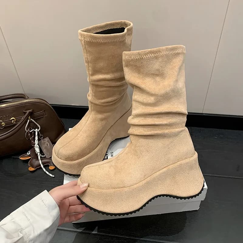 Stivali Donna con Plateau e Suola Spessa, Design Moderno, Punta Tonda, Slip-On, Autunno Inverno 2025, Botas Cortas Para Mujer