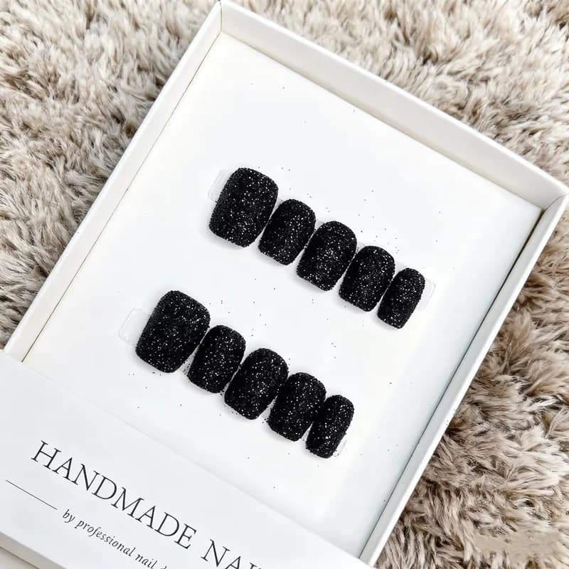 10 pezzi fatti a mano quadrati corti stampa sulle unghie zucchero granulato nero acrilico unghie finte glitter satinato artificiale manicure kit artistico