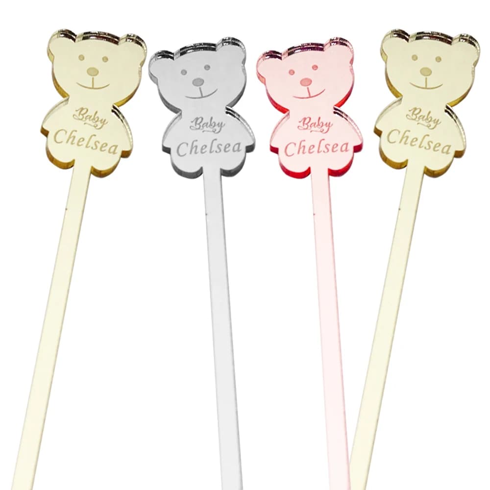 Agitatori per bevande in acrilico personalizzati, orso inciso, bastoncini per bevande per Cocktail Party, ciondoli per il compleanno, decorazioni per Baby Shower, 50 pezzi