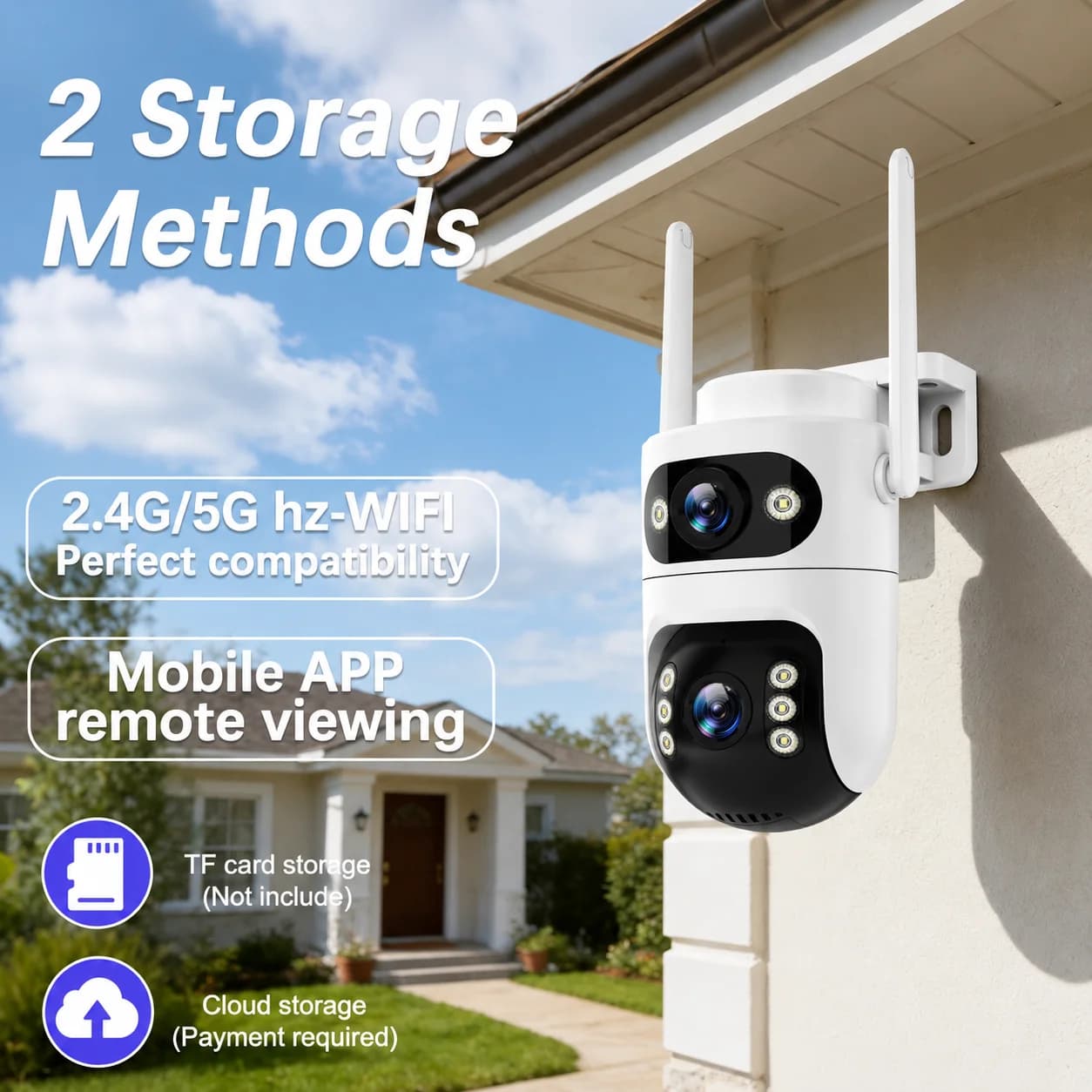 Telecamera di Sicurezza Esterna a Doppia Lente: Video 2K FHD, Visione Notturna a Colori, Rilevamento Movimento AI con Avvisi, Audio Bidirezionale, Wi-Fi Dual-Band