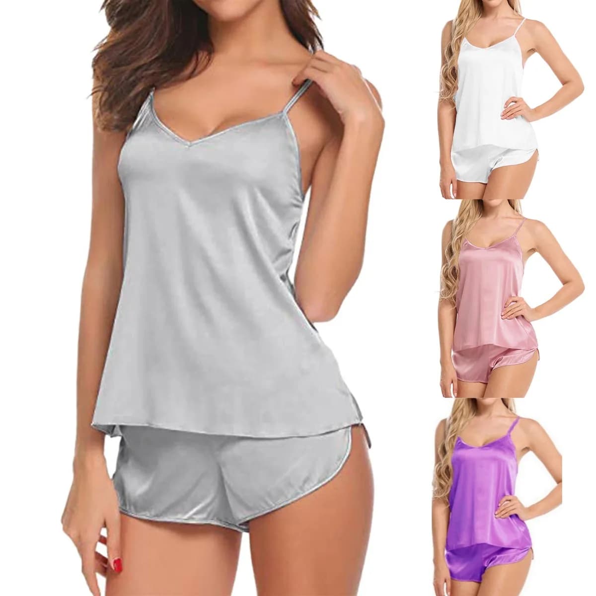 Pigiama da donna Set di biancheria intima pantaloncini a canotta in raso di seta Set 2 pezzi Top e pantaloncini da notte abiti da notte Top senza maniche