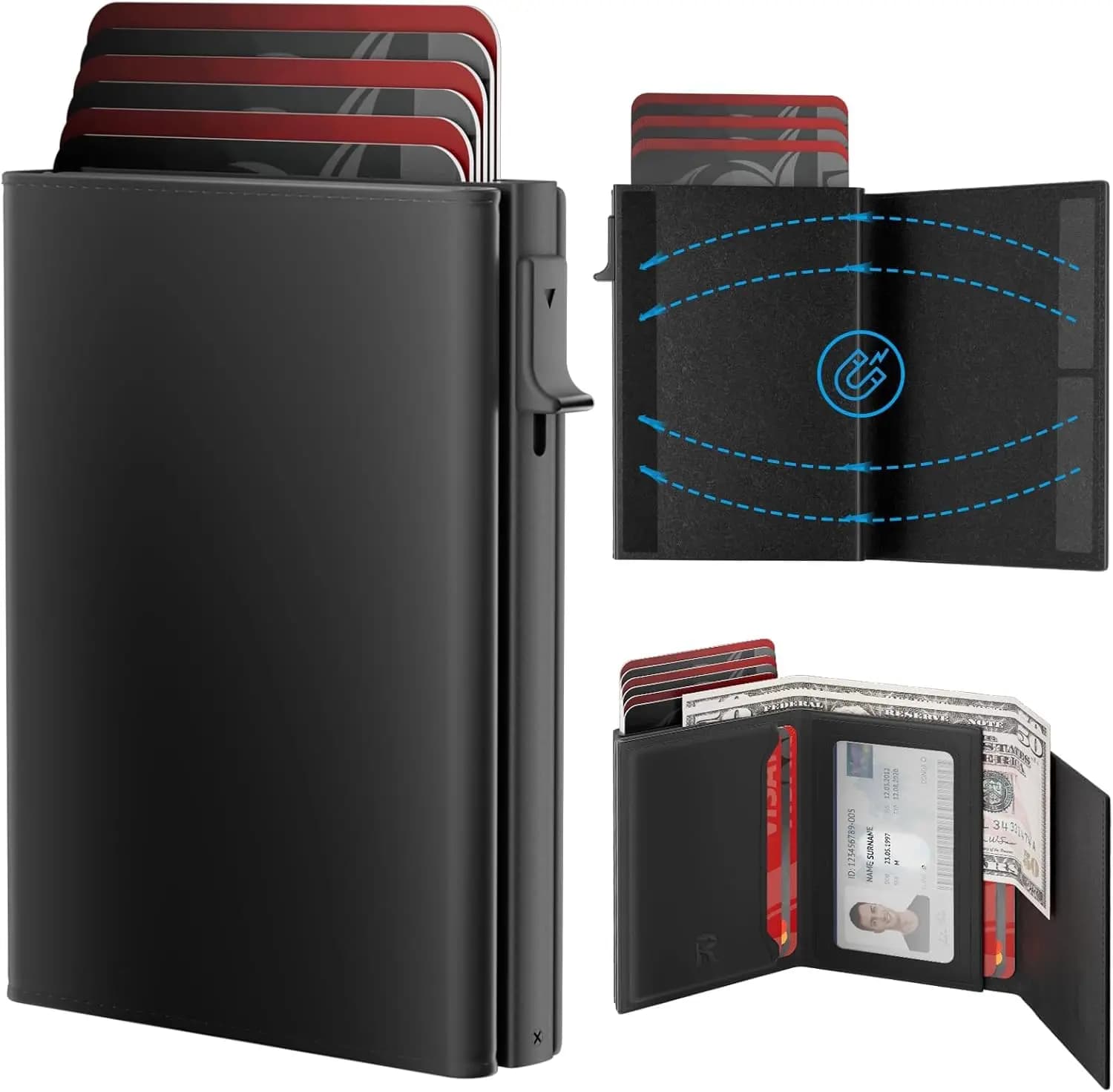 Portafoglio da uomo sottile in pelle con blocco RFID e porta carte a scomparsa, contiene 9-14 carte, finestra per documenti e scomparto per contanti, nero