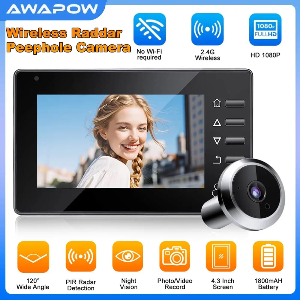 Awapow Raddar Spioncino Telecamera Campanello senza fili Telecamera per porta intelligente da 4,3 pollici Rilevazione movimento PIR Visualizzatore per porta Protezione di sicurezza