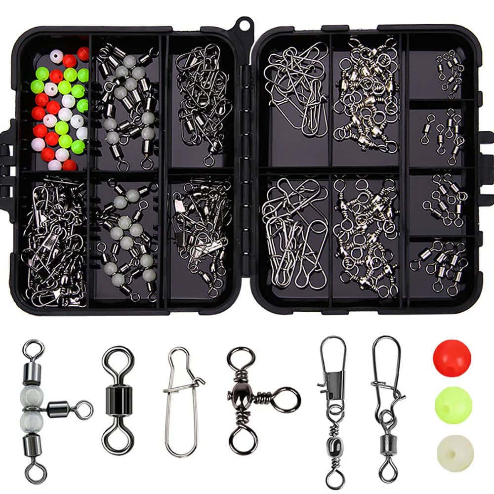 140Pcs Fishing Swivel Kit Accessories Tackle Box Set Rolling Barrel Swivel Snap 3 Way Swivel Connector High Strength Line