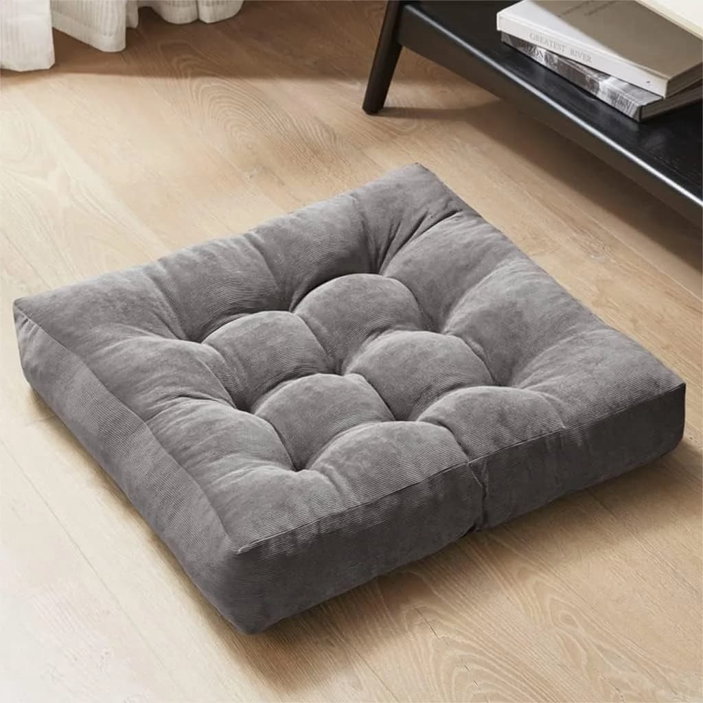 Meditation Floor Pillow Square Large Seating for Adults and Teens, Gray Tufted Corduroy Cushion for Yoga, Study Room, Home