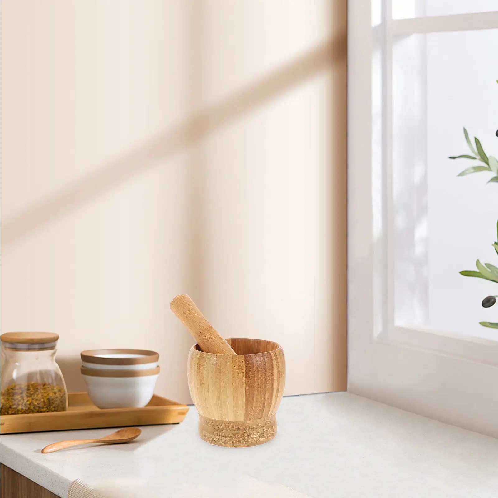 Set da Cucina Manuale in Legno Massello con Mortaio e Pestello per Aglio, Spezie, Erbe Essiccate e Pillole - per una Macinazione Liscia