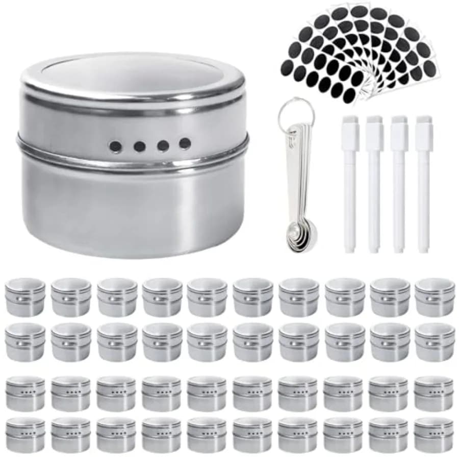 Set di 40 Barattoli Magnetici per Spezie con Coperchi Trasparenti, Contenitori in Acciaio Inox per Conservazione Spezie con 4 Penne, 10 Fogli di Etichette, 5 Pezzi