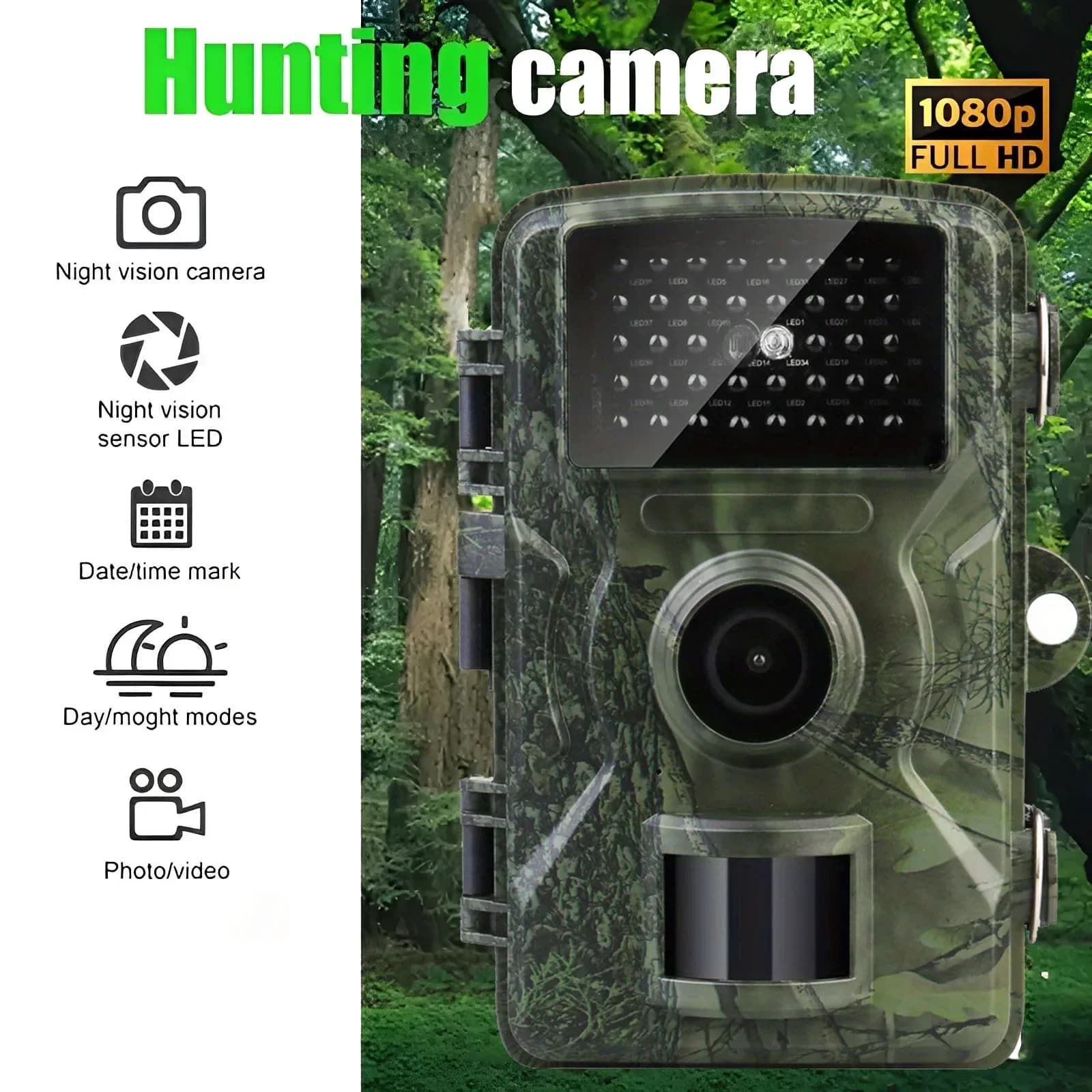 Telecamera di Sicurezza con Visione Notturna a Infrarossi, Impermeabile, Attivazione a Movimento, per Osservazione Fauna Selvatica, Caccia e Ricognizione