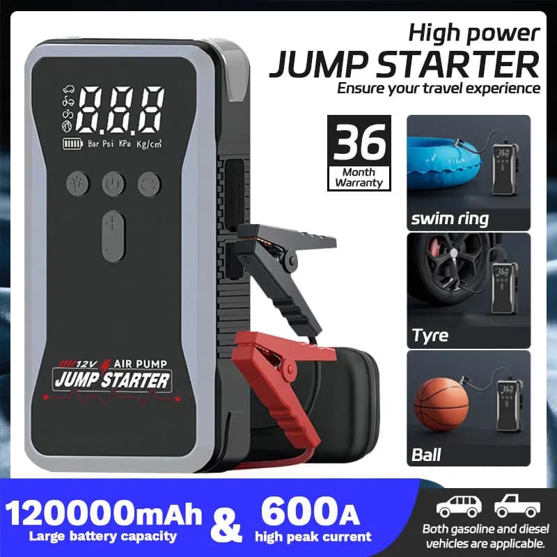 Avviatore di Emergenza per Auto 120000mAh con Pompa d'Aria, Power Bank Portatile 150PSI e Booster Batteria 12V per Gonfiaggio Pneumatici d'Emergenza, Campeggio