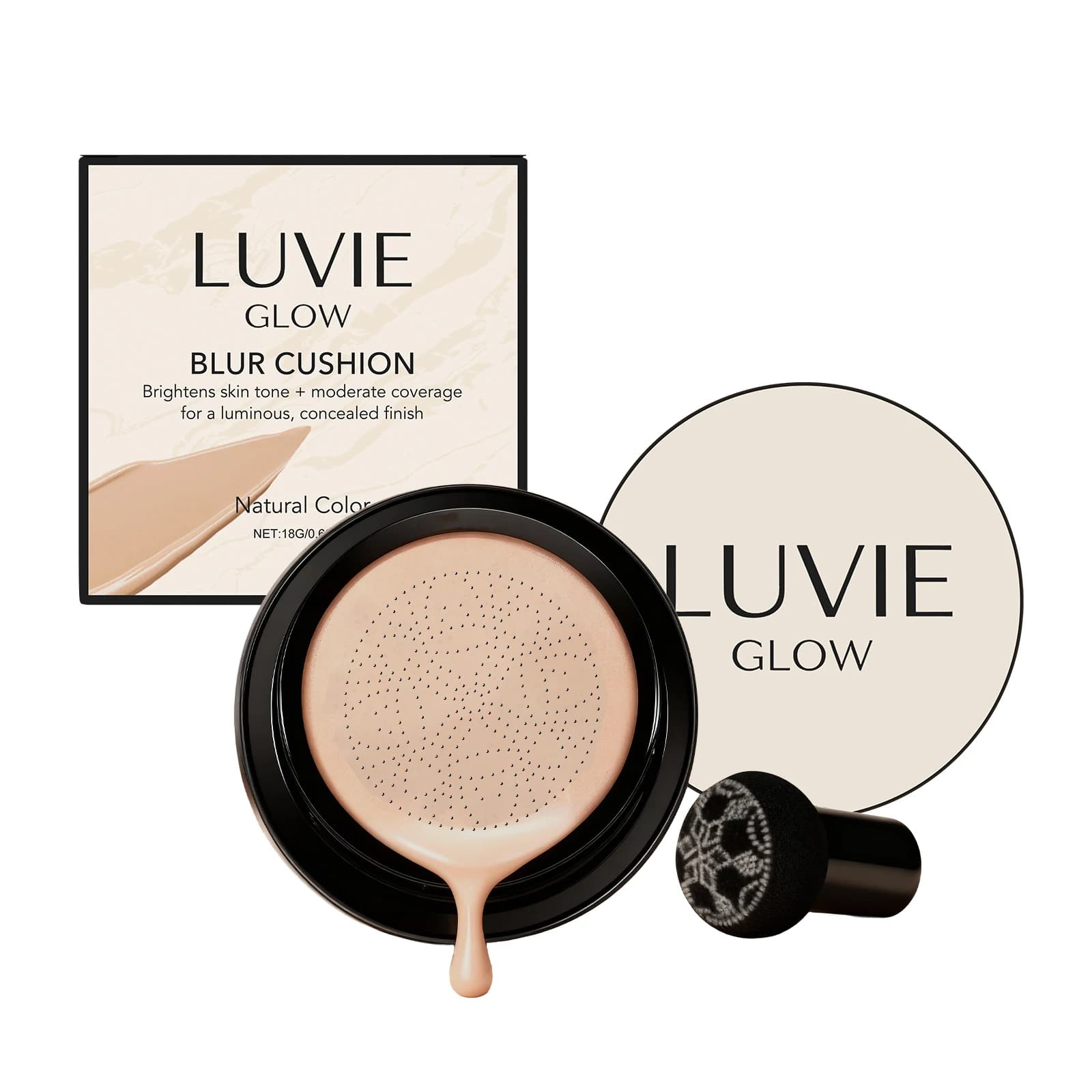 LUVIE GLOW Blur Cushion, Fondotinta Effetto Naturale 18G, Formula Leggera a Lunga Durata con Applicatore a Spugna per Uso Quotidiano