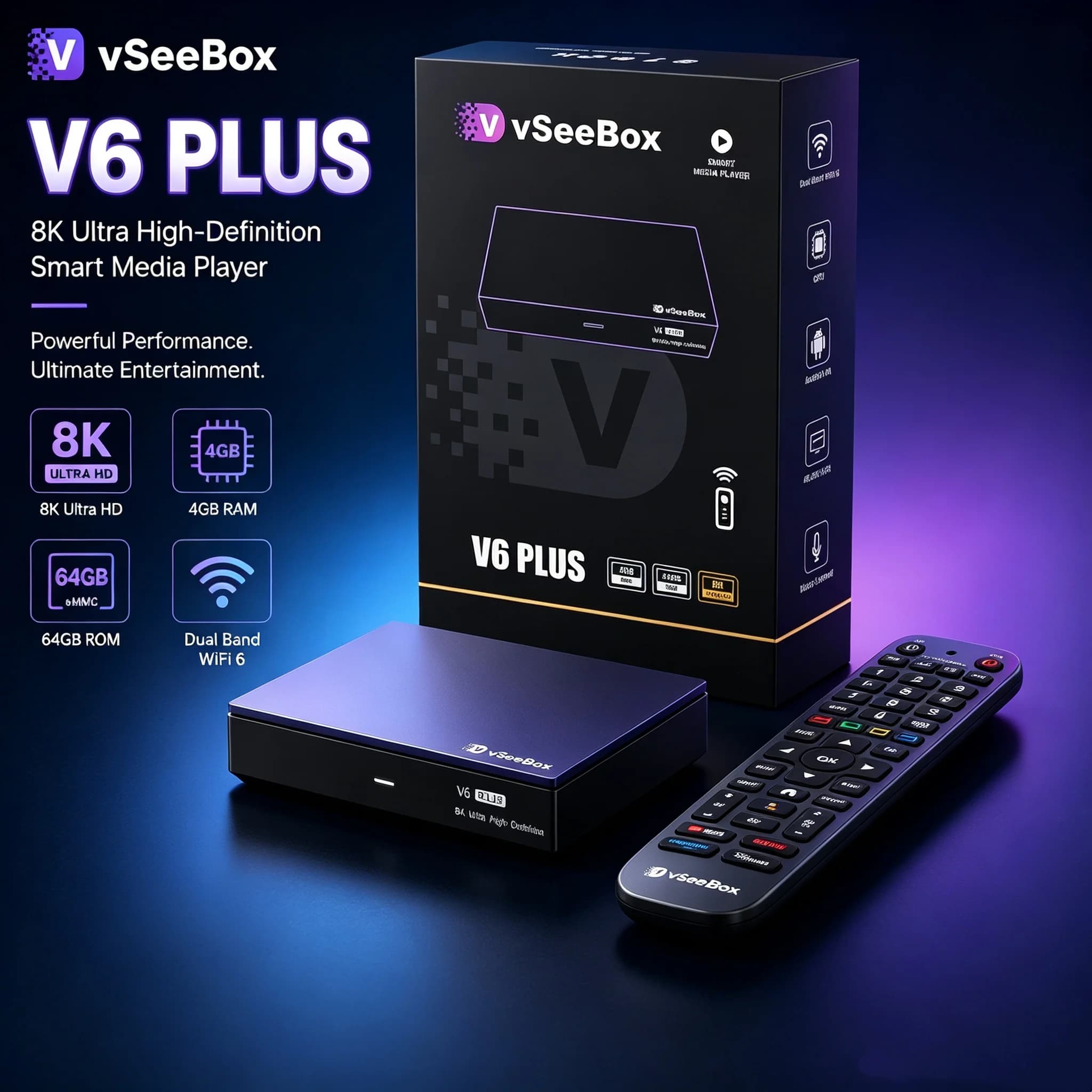2026 New Vseebox V6 Plus Smart TV Box 4GB RAM, 64GB Storage Gift Bundle Supports HD Playback