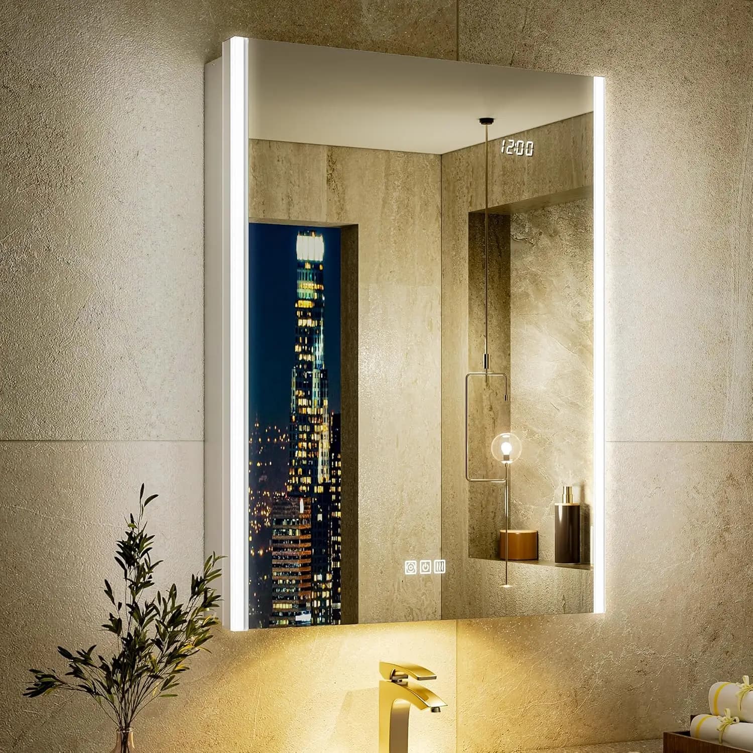 Specchio LED 24x32 per Armadietto Medicinali, Antiappannamento, Illuminato, da Incasso, con Orologio, Sensore, Chiusura Ammortizzata, Cerniera Destra, Personalizzabile