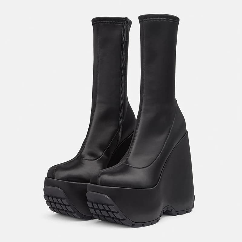 Arden Furtado Black Women's Satin wedges Short boots Round toe Side zipper Super high heel Modern boots Large size Women's Boots