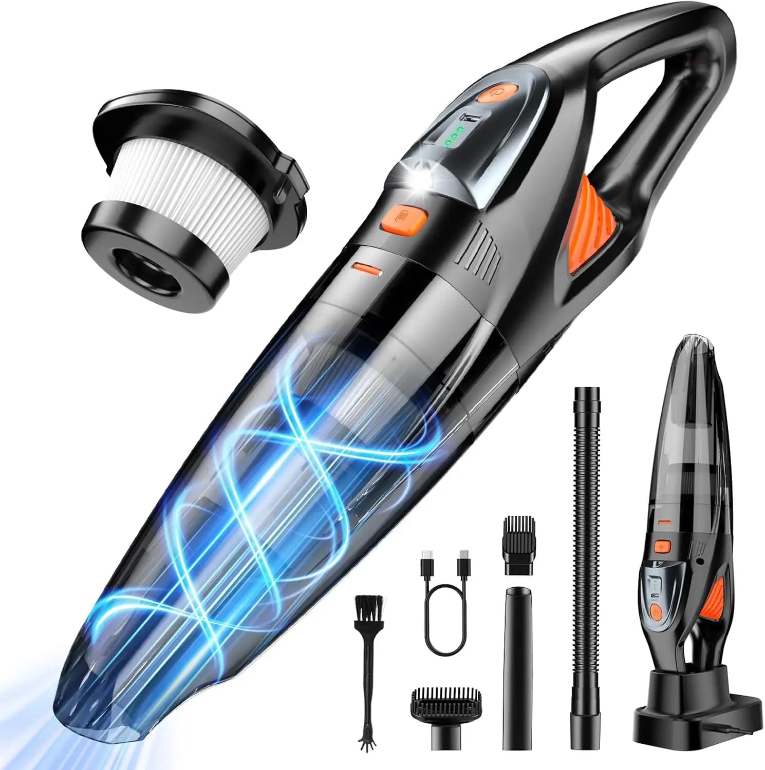 Aspirapolvere Portatile Senza Fili 25000PA con Potente Aspirazione, Aspirapolvere per Auto con Luce LED e Filtro HEPA per Casa, Ufficio, Peli di Animali Domestici