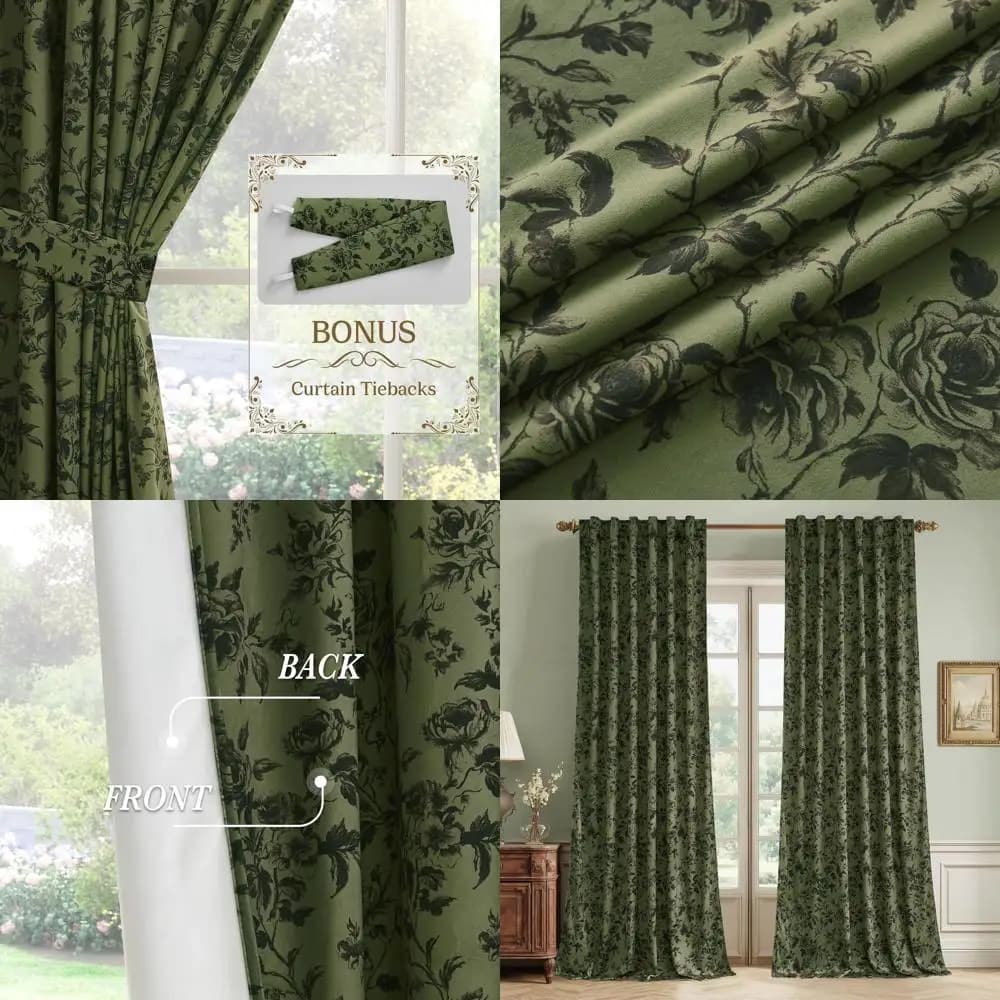 Tende in Velluto Termoisolanti con Stampa Floreale Vintage, 213 cm di Lunghezza, 127 cm di Larghezza, Set di 2 Pannelli per Arredamento Casa