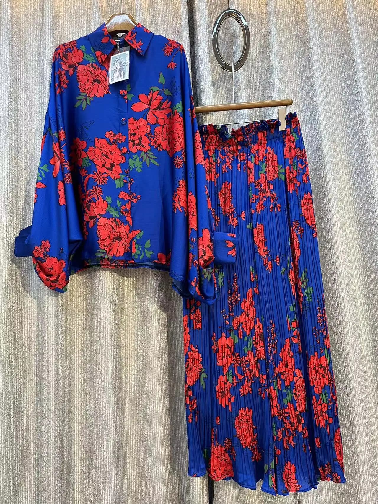 Autunno donna Retro stampa pigiama Set Design manica pipistrello monopetto blouse + long high waist pants 2 pieces dresses