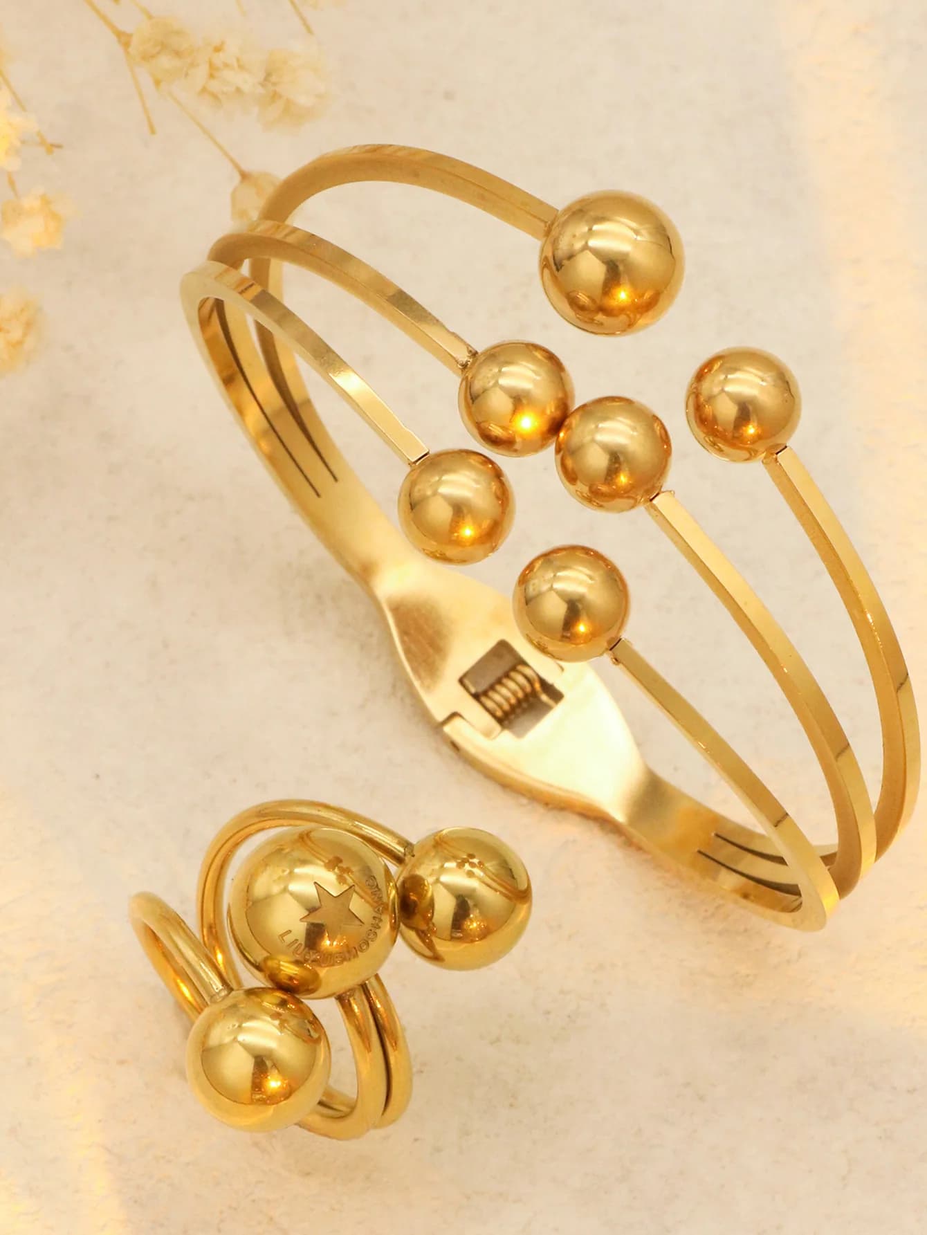 1set/2pcs Fashion Irregular Golden Ball Multi Layer Bracelets Stainless Steel Bracelet Ring Jewelry Set Women Unique Design
