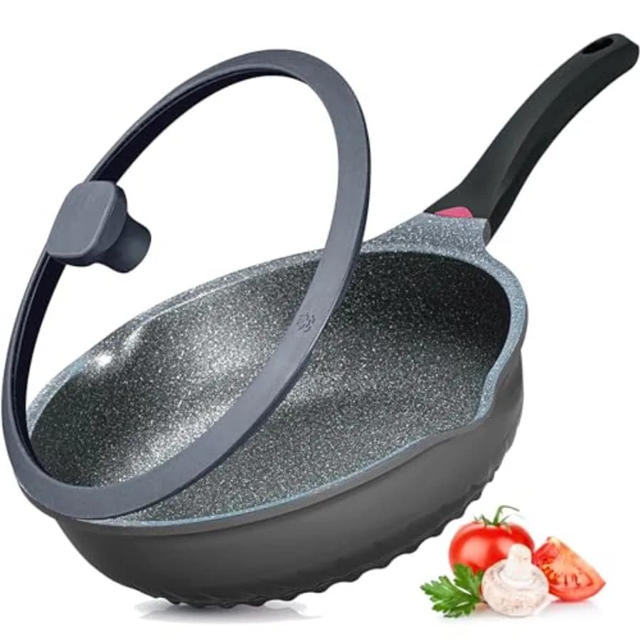 Nuova Padella Profonda Antiaderente in Alluminio da 11 Pollici/5 Litri con Coperchio e Indicatore di Calore, Anti-Graffio e Anti-Macchia, per Soffritti