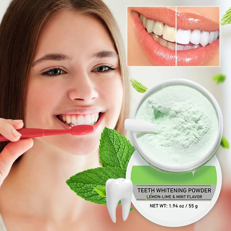 Whitening powder for mint and lemon taste teeth, removes spots lighten teeth, tones, tartar and dirt, toothpaste, oral care