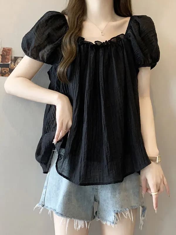 Elegante Camicia in Chiffon con Maniche a Bolla da Donna, Taglie Forti, Estiva, che Nasconde la Pancia, Stile Bambola, Bella e alla Moda