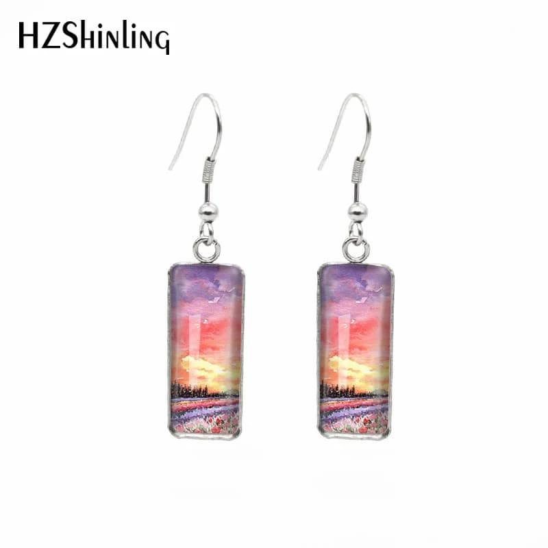 2023 New Rectangular Hoop Earrings Watercolor landscape painting Pattern Glass Cabochon Dangle Drop Stainless Steel Ear Jewelry