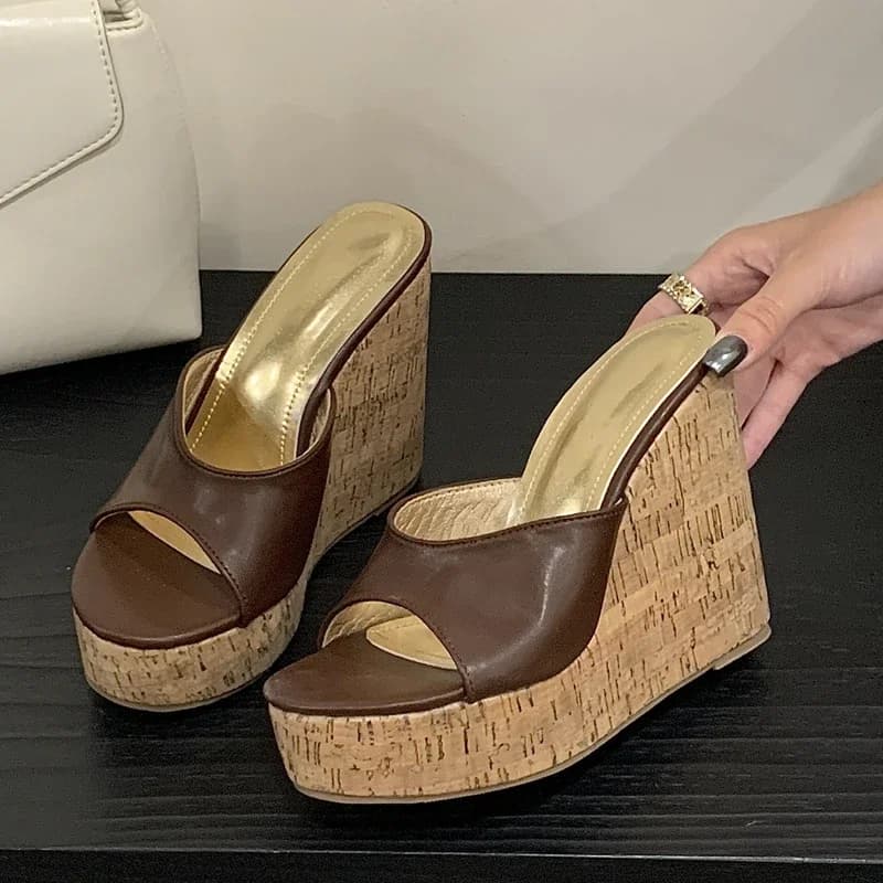 Aneikeh Fashion Wedges Slippers Summer High Heels Peep Toe Platform Women's Shoes Slip on Outdoor Beach Slides