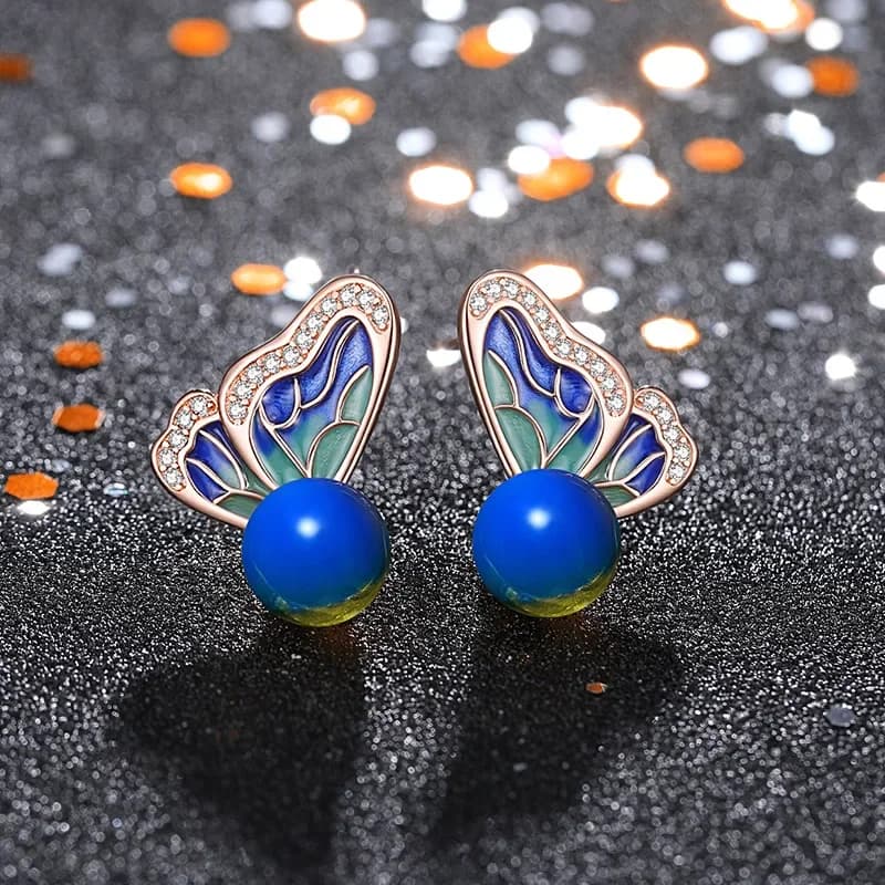Orecchini da donna di lusso Orecchini simmetrici rotondi con farfalla blu Orecchini per banchetti Accessori smaltati Orecchini delicati per le donne Regalo
