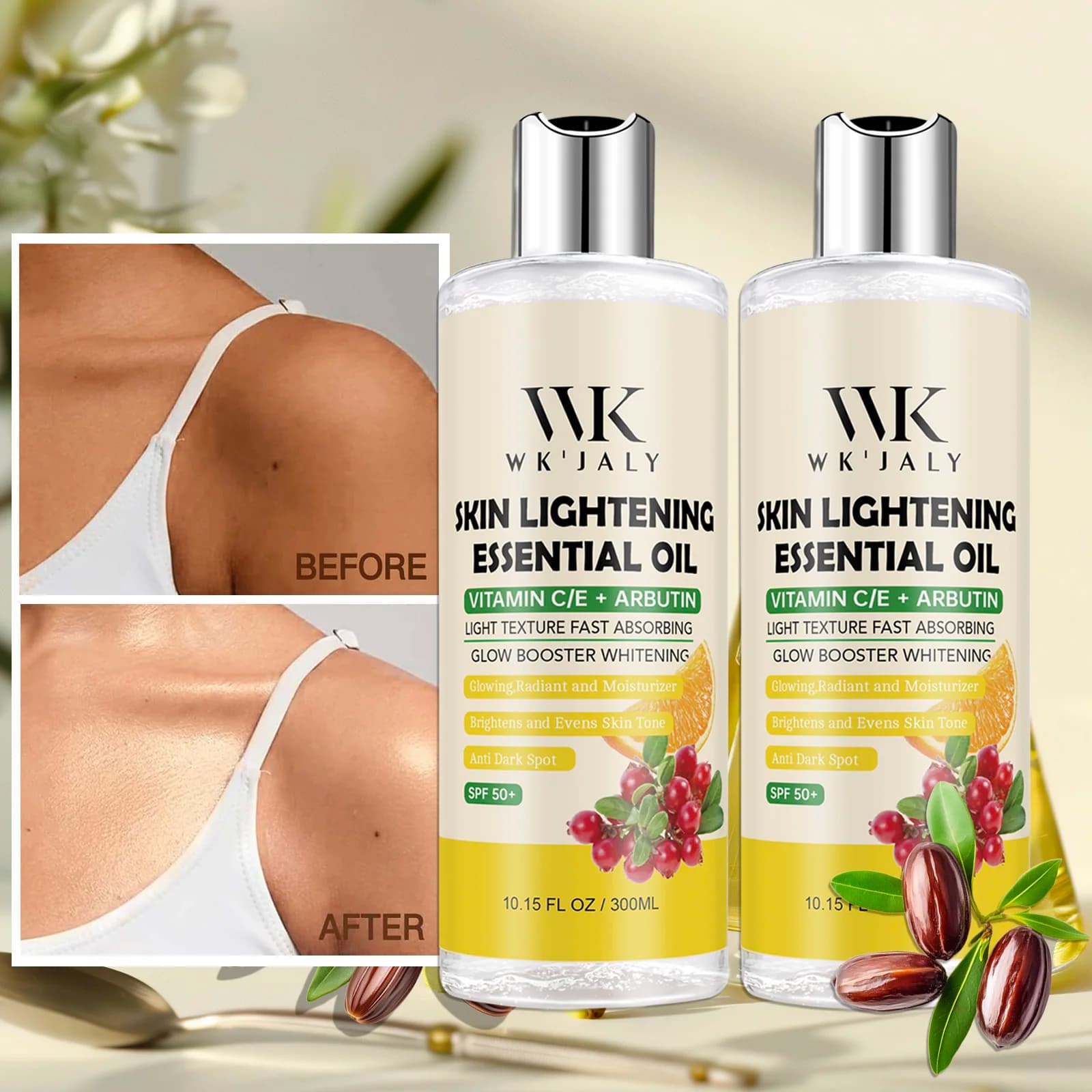 WK JALY Olio Corpo Sbiancante, Rimuove le Macchie Scure, Illuminante, Leviga, Purifica la Pelle, Idratazione Profonda, Con Olio di Jojoba, Vitamina C